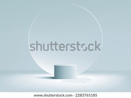 3D realistic products display blue podium pedestal stand with transparency circle glass backdrop minimal wall scene on blue background. You can use for product presentation, cosmetic display mockup