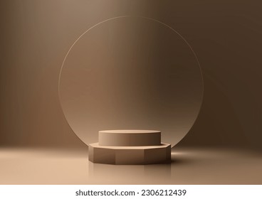 3D realistic products display brown podium pedestal stand with transparent circle glass backdrop minimal wall scene on beige color background. Use for product presentation, cosmetic display mockup