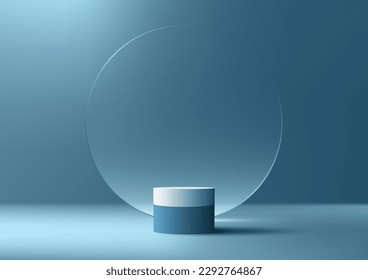 3D realistic products display empty blue and white podium stand with transparency circle glass backdrop minimal wall scene on blue background. You can use for product presentation, cosmetic display