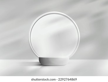 3D realistic products display empty white podium stand with white circle backdrop on clean background leaf shadow light minimal style. You can use for product presentation, beauty cosmetic display