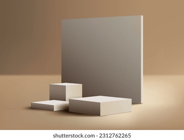 3D realistic products display empty stage three white box podium stand with square backdrop on beige background. Use for product presentation, cosmetic display mockup, showcase, etc. Vector