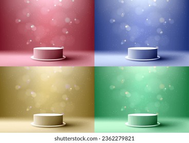 3D realistic products display empty white podium stand with blurred bokeh and particles on bright colors background lighting natural. Vector illustration