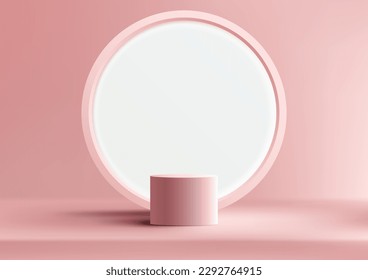 3D realistic products display pink podium pedestal stand with white circle backdrop minimal wall scene on pink background. You can use for product presentation, cosmetic display mockup, showcase