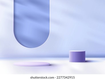 Los productos realistas 3D muestran soporte de podio morado con sombra de ventana y hoja en un fondo azul mínimo de la escena de la pared. Puede utilizarse para presentaciones de productos, maquetas de exposición cosmética, escaparates, soportes