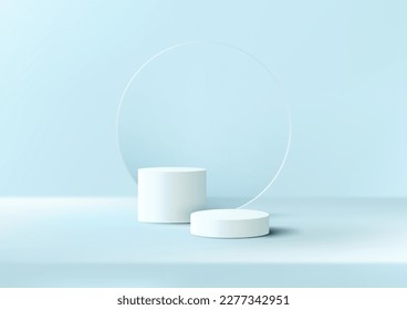 3D realistic products display white podium pedestal stand with transparency circle glass backdrop minimal wall scene on blue background. You can use for product presentation, cosmetic display mockup