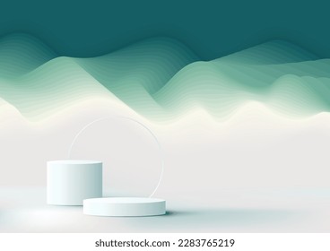 3D realistic products display white podium pedestal stand with transparency circle glass backdrop and abstract green waves paper art layer background and texture. You can use for product presentation