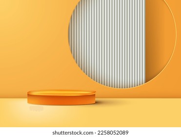 3D realistic products display yellow podium stand pedestal with circle frame backdrop on yellow studio room background. You can use for product presentation, cosmetic display mockup, showcase, etc.