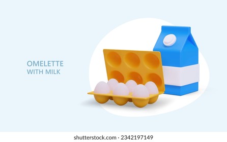 3d realistic products for omelet. Pack with milk and eggs for prepare food. Ad poster for food store with natural products. Vector illustration with blue background