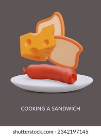 3d realistic products for tasty sandwich. Sausage, piece of bread and slice of cheese on plate for cooking sandwich. Vertical poster for food store concept. Vector illustration