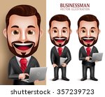 3D Realistic Professional Business Man Vector Character Happy Holding Laptop Notebook Isolated in White Background. Set of Vector Illustration
