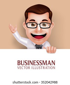 3D Realistic Professional Business Man Character Holding White Blank Paper for Message Waving Hand. Vector Illustration
