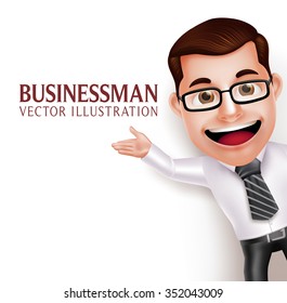 3D Realistic Professional Business Man Character  Waving Hand for Presentation on Empty White Background. Vector Illustration
