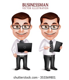 3D Realistic Professional Business Man Vector Character Holding Laptop and Mobile Tablet Isolated in White Background. Vector Illustration
