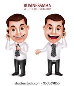 3D Realistic Professional Business Man Vector Character Holding Mobile Phone Happy Talking Isolated in White Background. Vector Illustration
