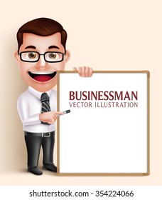 3D Realistic Professional Business Man Vector Character Holding Blank White Board for Presentation or Space for Text. Vector Illustration
