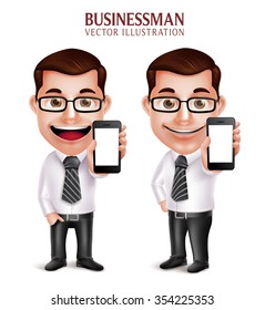 3D Realistic Professional Business Man Vector Character Holding Mobile Phone with Empty Screen Isolated in White Background. Vector Illustration
