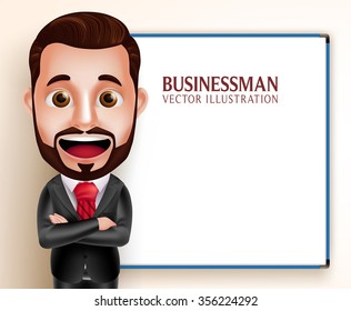 3D Realistic Professional Business Man Vector Character Happy Speaking for Presentation with Empty Blank White Board. Vector Illustration
