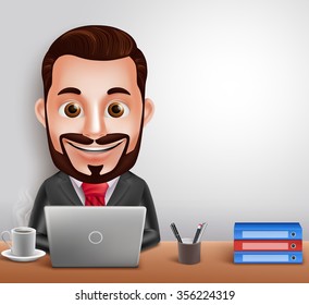 3D Realistic Professional Business Man Vector Character Busy Working in Office Desk with Laptop Computer. Vector Illustration
