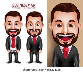 3D Realistic Professional Business Man Vector Character Happy in Attractive Corporate Attire Isolated in White Background. Set of Vector Illustration
