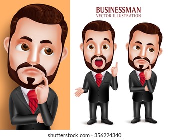 3D Realistic Professional Business Man Vector Character in Attractive Corporate Attire Thinking Idea Isolated in White Background. Set of Vector Illustration
