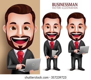 3D Realistic Professional Business Man Vector Character Happy Holding Laptop Notebook Isolated in White Background. Set of Vector Illustration
