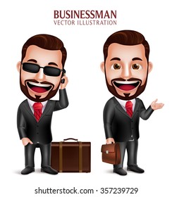 3D Realistic Professional Business Man Vector Character Happy Traveling with Suitcase Isolated in White Background. Set of Vector Illustration
