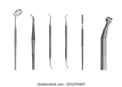 3d realistic professional dental tools set for dentistry inspection. Teeth care, health concept. Basic metal medical equipment, instrument top view. Vector illustration isolated on white background