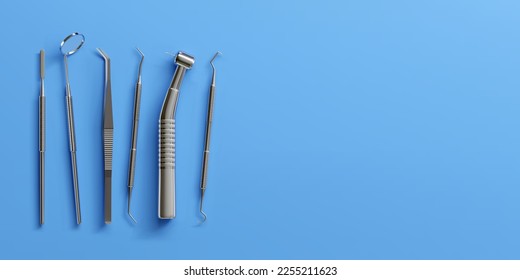 3d realistic professional dental tools set for dentistry inspection. Teeth care, health concept. Basic metal medical equipment, instrument top view. Vector illustration isolated on blue background