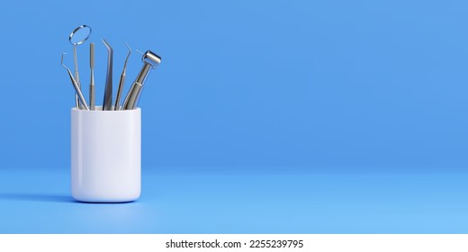 3d realistic professional dental tools set for dentistry inspection. Teeth care, health concept. Basic metal medical equipment, instrument. Vector illustration isolated on blue background