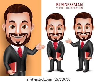 3D Realistic Professional Lawyer Man Student Vector Character Happy Holding Book Isolated in White Background. Set of Vector Illustration
