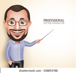 3D Realistic Professional Old Professor Teacher Man Vector Character Speaking Pointing Blank Space for Message Isolated in White Background. Vector Illustration
