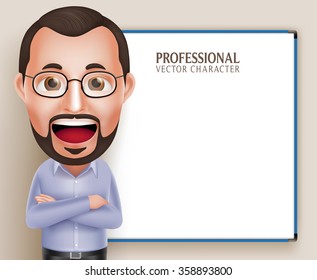 3D Realistic Professional Old Professor Teacher Man Vector Character Speaking or Talking with Blank White Board Isolated in White Background. Vector Illustration
