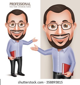 3D Realistic Professional Old Professor Teacher Man Vector Character Holding Book with Eyeglasses Isolated in White Background. Vector Illustration
