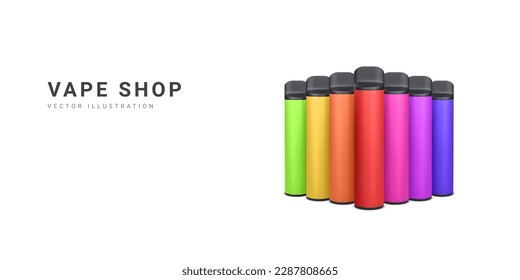 3d realistic promotion banner with disposable electronic cigarettes isolated on light background. Modern smoking, vaping and nicotine with different flavors. Vector illustration