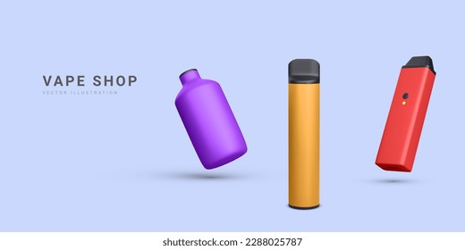 3d realistic promotion banner with disposable electronic cigarettes isolated on light background. Modern smoking, vaping and nicotine with different flavors. Vector illustration