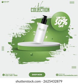 3D realistic promotional natural product sale empty podium design vector. Green color eco product sale social media podium poster design template. Green abstract empty social media podium design. 
