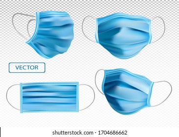 3D realistic protective Medical Mask. Virus protection. Face Medical Mask from different angles. Medical Mask isolated on transparent background. Vector illustration.