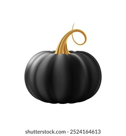 3d realistic pumpkin. Black pumpkin with golden stem. Halloween and Thanksgiving holidays decoration. Autumn sale banner design element. Vector illustration EPS10 isolated on white background.