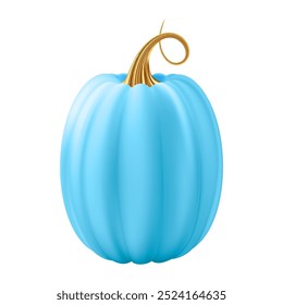3d realistic pumpkin. Blue pumpkin with golden stem. Halloween and Thanksgiving holidays decoration. Autumn sale banner design element. Vector illustration EPS10 isolated on white background.