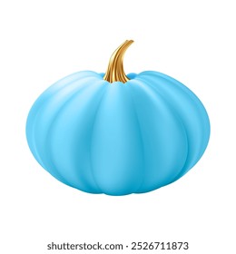 3d realistic pumpkin. Blue pumpkin with golden stem. Halloween and Thanksgiving holidays decoration. Autumn sale banner design element. Vector illustration EPS10 isolated on white background.