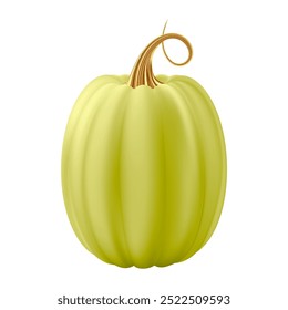 3d realistic pumpkin. Green pumpkin with golden stem. Halloween and Thanksgiving holidays decoration. Autumn sale banner design element. Vector illustration EPS10 isolated on white background.