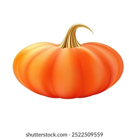 3d realistic pumpkin. Orange pumpkin with golden stem. Halloween and Thanksgiving holidays decoration. Autumn sale banner design element. Vector illustration EPS10 isolated on white background.