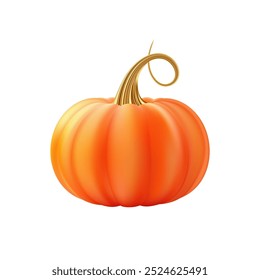 3d realistic pumpkin. Orange pumpkin with golden stem. Halloween and Thanksgiving holidays decoration. Autumn sale banner design element. Vector illustration EPS10 isolated on white background.