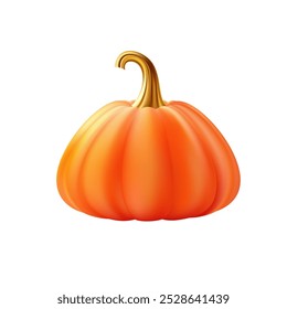 3d realistic pumpkin. Orange pumpkin with golden stem. Halloween and Thanksgiving holidays decoration. Autumn sale banner design element. Vector illustration EPS10 isolated on white background.