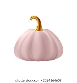 3d realistic pumpkin. Pink pumpkin with golden stem. Halloween and Thanksgiving holidays decoration. Autumn sale banner design element. Vector illustration EPS10 isolated on white background.