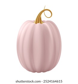 3d realistic pumpkin. Pink pumpkin with golden stem. Halloween and Thanksgiving holidays decoration. Autumn sale banner design element. Vector illustration EPS10 isolated on white background.