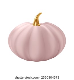 3d realistic pumpkin. Pink pumpkin with golden stem. Halloween and Thanksgiving holidays decoration. Autumn sale banner design element. Vector illustration EPS10 isolated on white background.