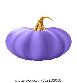 3d realistic pumpkin. Purple pumpkin with golden stem. Halloween and Thanksgiving holidays decoration. Autumn sale banner design element. Vector illustration EPS10 isolated on white background.