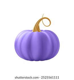 3d realistic pumpkin. Purple pumpkin with golden stem. Halloween and Thanksgiving holidays decoration. Autumn sale banner design element. Vector illustration EPS10 isolated on white background.