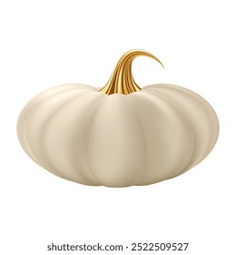 3d realistic pumpkin. White cream pumpkin with golden stem. Halloween and Thanksgiving holidays decoration. Autumn sale banner design element. Vector illustration EPS10 isolated on white background.